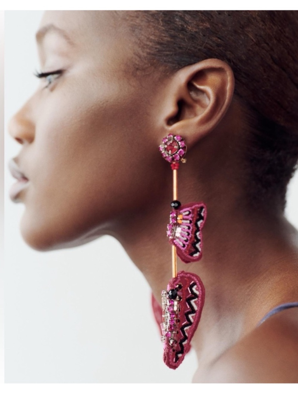 Zara Crystal Pink Embroidered Double Drop Butterfly Earrings